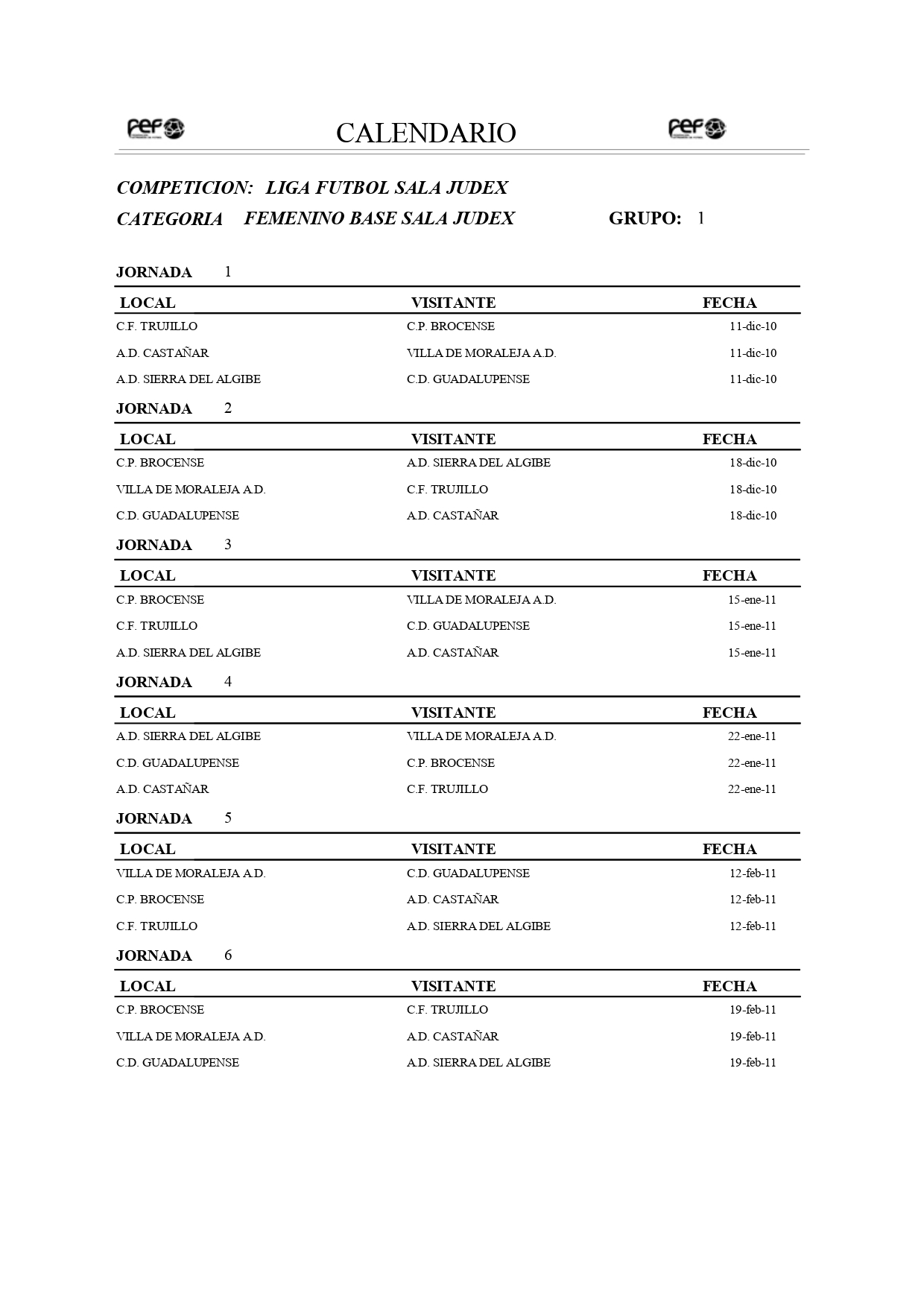 Calendario - Femenino base - Temporada 2010-2011 1