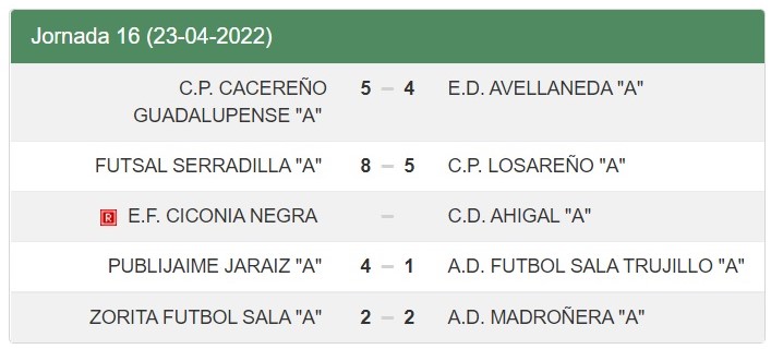 Resultados - Jornada 16 - Senior - Temporada 2021-2022